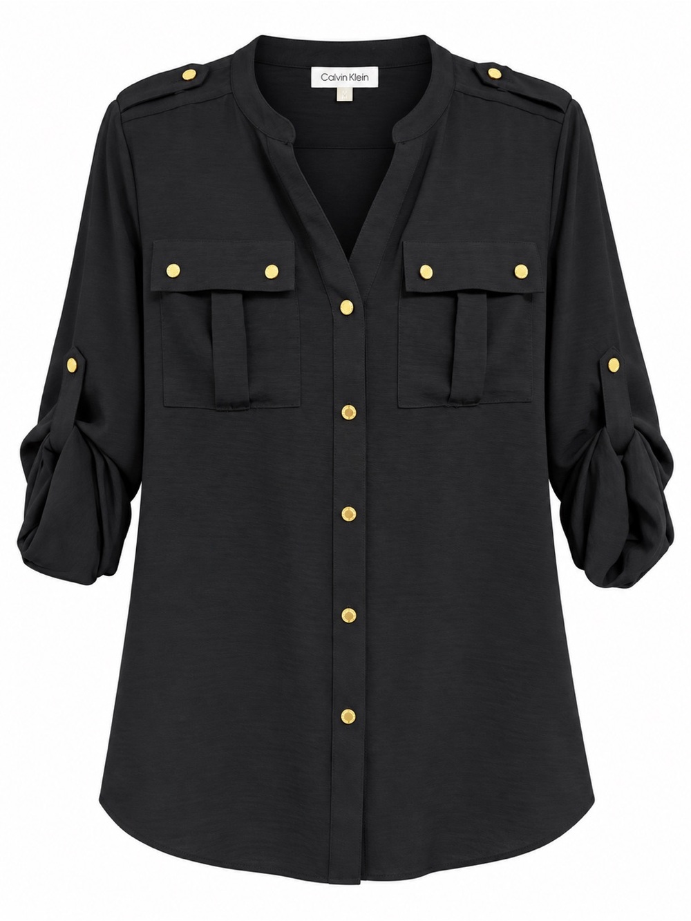 Calvin Klein Black Button-Front Utility Blouse with Gold Buttons